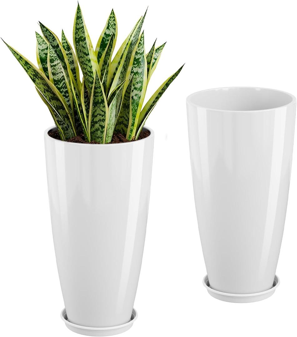 QCQHDU 21 inch Tall Planters for Outdoor & Indoor Plants, Set of 2 Large Outdoor Planters with Drainage Hole for Front Porch, Patio, Garden, White