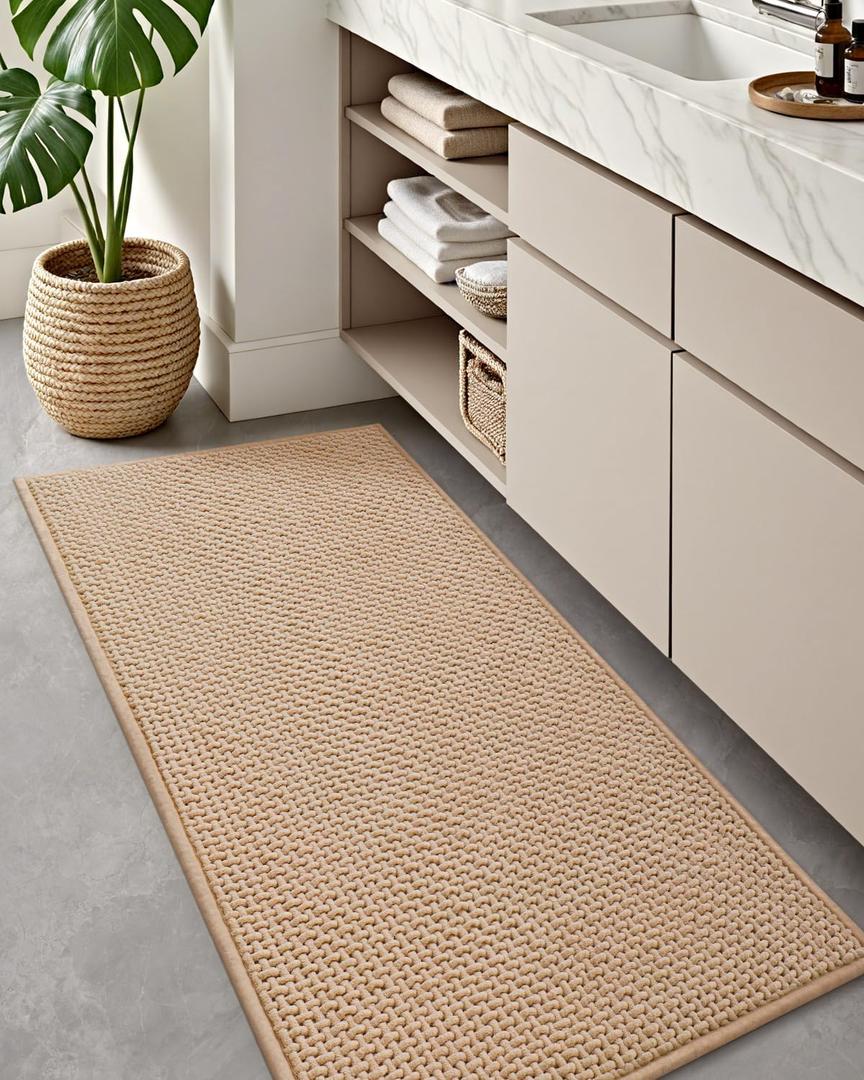 Color&Geometry Rubber Backed Waffle Bath Mat 60x24, Non Slip Machine Washable Bathroom Rugs, Soft Absorbent Chenille Boho Carpet for Bathroom Floor, Tub and Shower, Beige