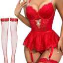Lilosy Sexy Stocking Heart Rhinestones Underwire Babydoll Lace Mesh Garter S