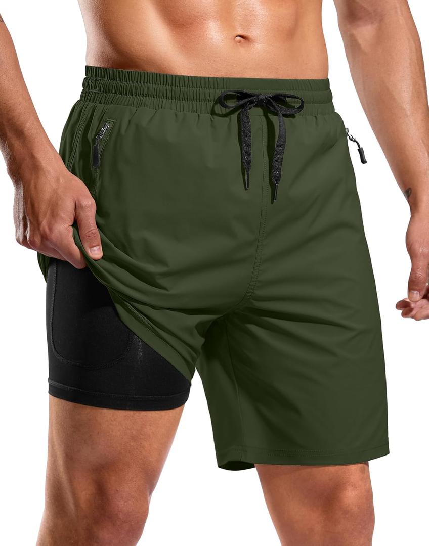 G Gradual Mens Swim Trunks with Compression Liner 7" Quick Dry Board Shorts Swimsuit Bathing Suit for Men with Zipper Pockets (Small, Olive)