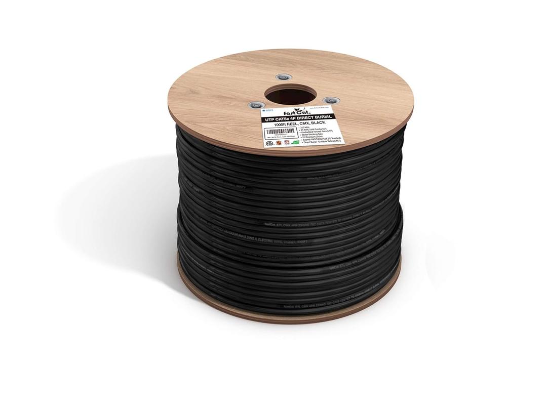 fast Cat. Cat5e Outdoor, 1000ft, Waterproof Direct Burial Rated CMX, Black 24AWG Solid Bare Copper, 350MHz, PoE+, UL Listed, Unshielded UTP, Bulk Ethernet Cable (Cat5e 1000ft)