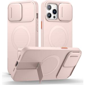 SURITCH for iPhone 13 Pro Max/12 Pro Max Case with Magnetic Camera Slide Cover and Adjustable Kickstand, Compatible with MagSafe, Shockproof Bumper Case Slim Protective Cover 6.7 Inch, Pink