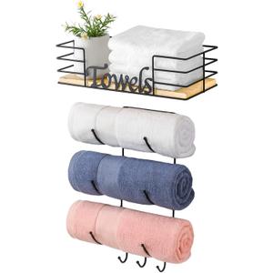 Towel Holder Wall Mounted for Small Bathroom Wall, Roll Towel Rack with 3 Hooks and Wooden Shelf, Drilling and No-Drill Installation Options, Black