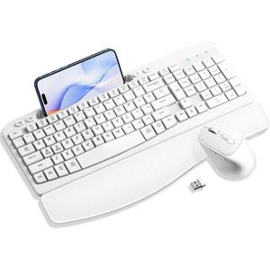 Wireless Keyboard and Mouse Combo, Wave Keys Computer Ergonomic Keyboard with Cushioned Plam Rest, Phone Holder, 2.4GHz Silent 6 Button Wireless Mouse Set for Laptop, PC, Windows, Mac (White)