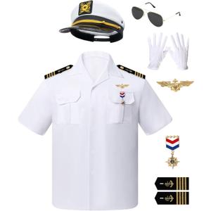8PCS Yacht Captain Sailor Costume Adult Shirt with Hat Epaulets Gloves Accessories Set for Halloween and Role Playing (X-Large, White)