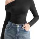 SUUKSESS Women Long Sleeve Off Shoulder Tops Trendy Cowl Neck Going Out Shirt for Fall (Large, Black)