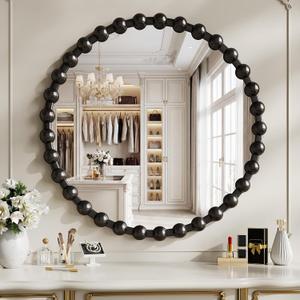 Round Vanity Mirror with Beaded Frame, 28 Inch Circle Wall Mirror for Bedroom Dresser, Entryway, Bathroom, Living Room, Decorative Hanging Wall Mirror, Black