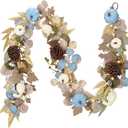 DecorbyHannah Fall Garland with Lights, 6 ft Artificial Autumn Harvest Garland for Mantle, Blue Fall Thanksgiving Decor with Pumpkin Pinecone Eucalyptus for Front Door Table Wall Indoor Outdoor Use