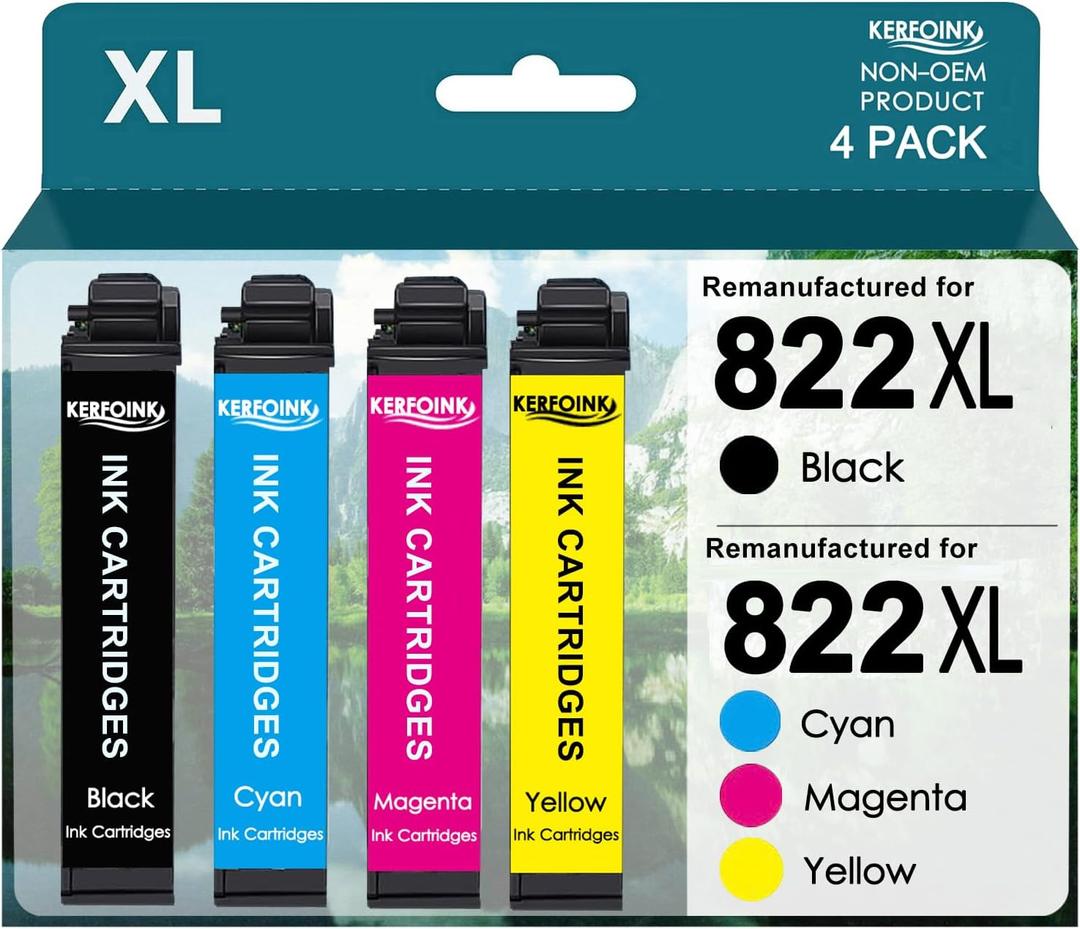 Remanufactured for 822 Ink Cartridges for Epson 822XL Ink Cartridges 822 822 XL with Workforce Pro WF-3820 WF-3823 WF-4820 WF-4830 WF-4833 Printer (4Pack, Black Cyan Magenta Yellow)