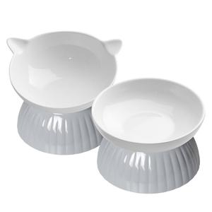 2 Ceramic Raised Cat Food and Water Bowl Set, Elevated Pet Feeder for Indoor Cats and Small Dogs, Anti-Vomiting With Plastic Base, Dishwasher Safe, Grey