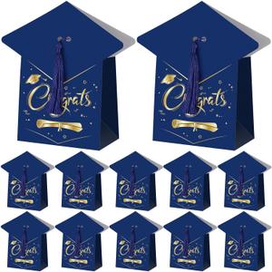Fullhawl 24 Sets Graduation Cap Gift Box Congrats Graduation Gift Candy Box with Tassel Graduation Party Favors Graduation Centerpieces for Tables Decorations (Blue)