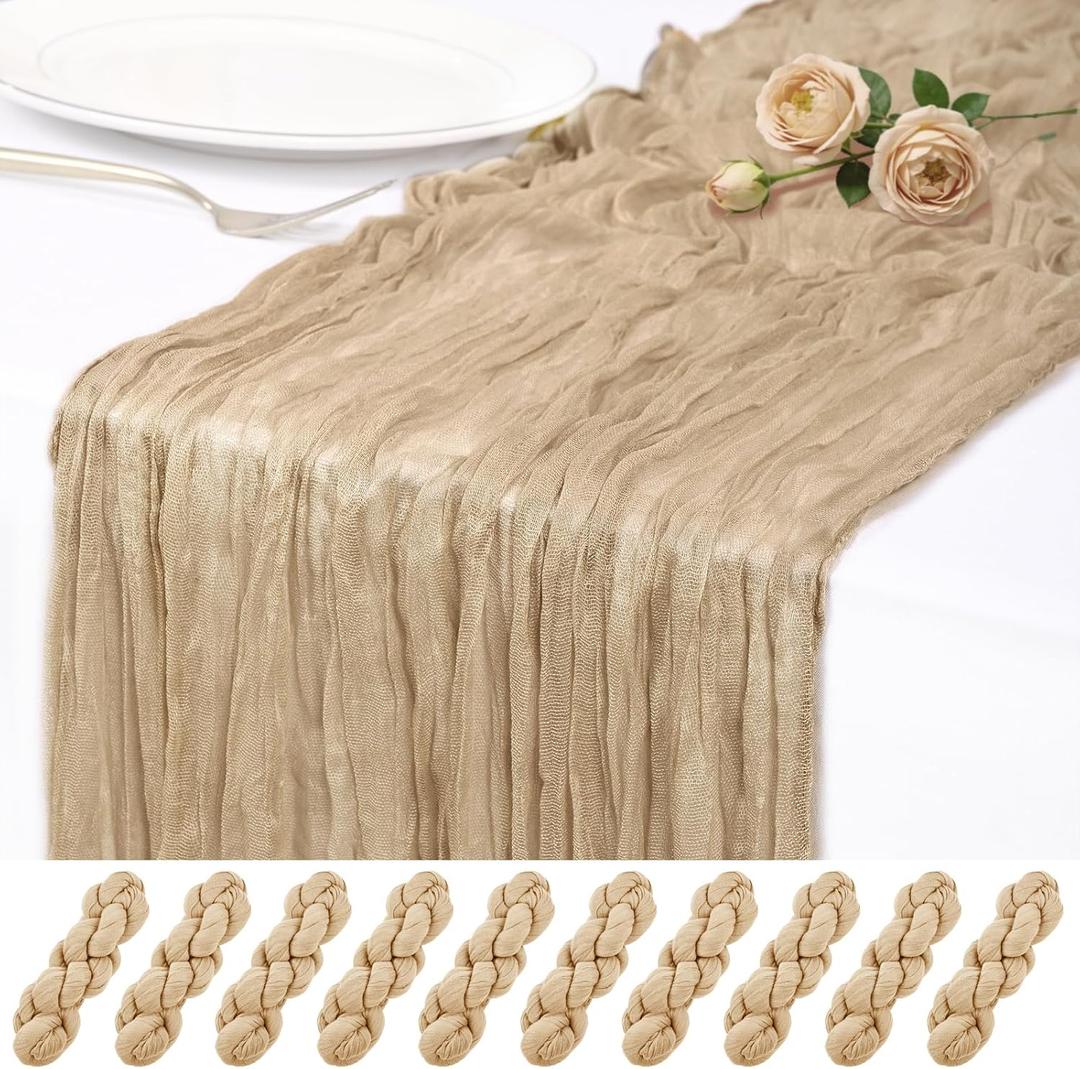 10 Pack Beige Cheesecloth Table Runner 17x108 Inch Semi Sheer Boho Rustic Gauze Cheese Cloth Table Runners for Wedding Party Birthday Baby Shower Home Dcor