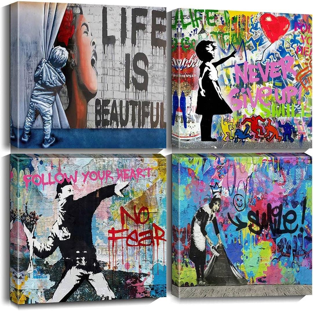 Biufo Banksy Canvas Wall Art Artwork Graffiti Street Print Pictures for Bedroom Living Room Wall Decor (12"x12"x4Pcs) (White)