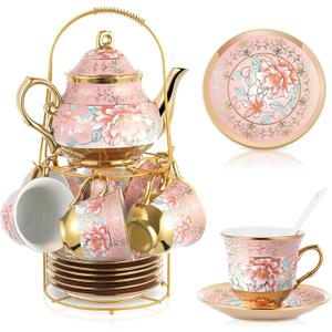 Zhehao 20 Pcs Porcelain Tea Set with Metal Holder and Spoon Adult Ceramic Tea Set European Flower Painting Teapot Cup Saucer Spoon for Women, Large Version (Pink Style)