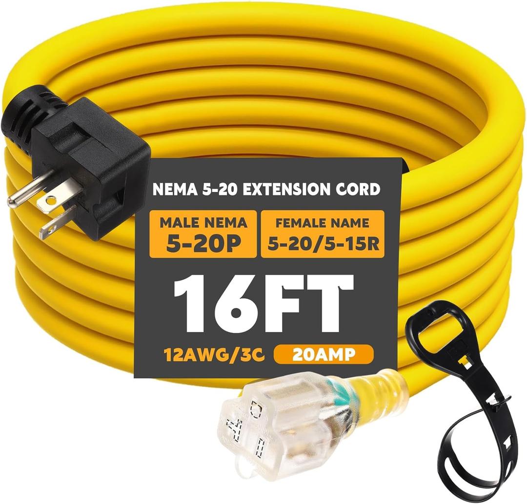 Kanayu 16FT NEMA 5-20 Extension Cord, 5-20P Male Plug to 5-20/5-15R Female Receptacle, 20 Amp T-Blade Outlet Extension Power Cord with Indicator Light, 12 AWG, ETL Listed