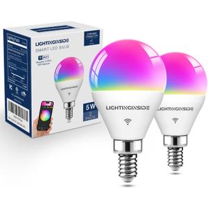 Lightinginside E12 Smart Light Bulbs 50W Equiv., G16.5 RGBCW Candelabra Chandelier Ceiling Fan Smart Bulb Works with Alexa/Google Home/SmartLife, 5W 550LM, 2.4G WiFi Bluetooth Bulb, ETL Listed, 2PCS