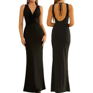 Women Summer Bodycon Maxi Dress Sexy Ruched Deep V Neck Elegant Formal Wedding Guest Long Dresses, Small