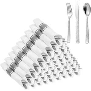 WELLIFE 75 Pack Silver Plastic Silverware,Pre Rolled Silverware Set Disposable,Disposable Cutlery Includes: 75 Forks, 75 Knives, 75 Spoons, 75 Napkins,Plastic Utensils for Party and Wedding