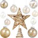 Gejoy 25 Pcs Christmas Ornaments Set Christmas Ball Ornaments with Star Tree Topper Hanging Xmas Tree Decorations with 24 Pcs 2.4 Inch Balls 1 Pack 6 Inch Star Treetop for Home Decor(Champagne Gold)