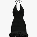 GORGLITTER Women's Crochet Halter Bubble Mini Dress Bow Backless Summer Bodycon Knit Dress Vacation Festival Outfits No Size