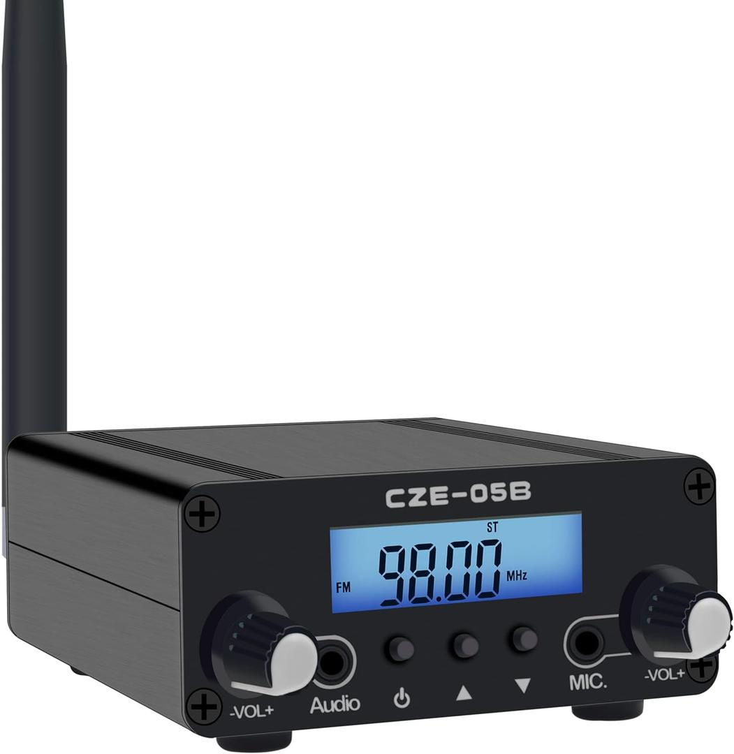 0.5W 0.1W Long Range FM Transmitter with LCD & 3.5mm Audio Cable - Ideal for Drive-in Church, School & Supermarket Events, Light Shows & Fireworks Display - Black