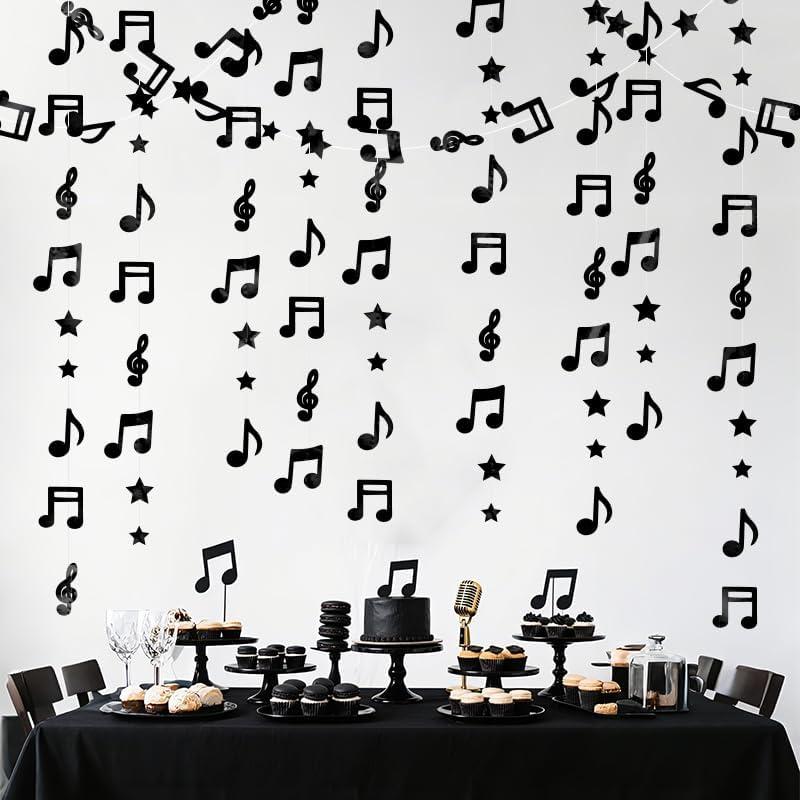 Black Shimmering Musical Note Star Hanging Garland Black Music Theme Party Hanging Backdrop Ceiling Decor for Birthday Baby Shower Party Concert Wedding Nursery Decorations 30 Feet