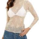 Mesh Lace Long Sleeve Layering Top for Women Mock Neck See Through Floral Shirt Tops(Beige,S) (White, S)