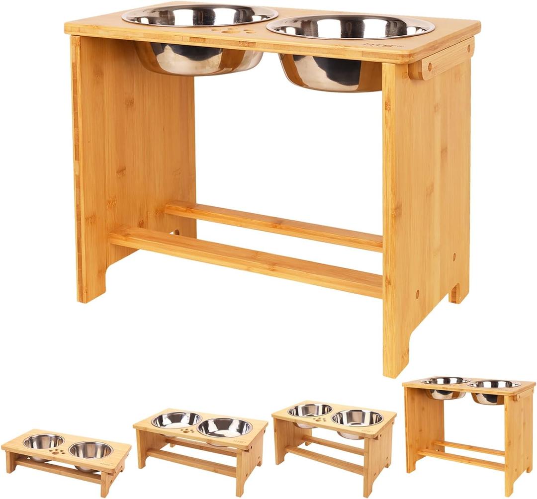 HTB Elevated Dog Bowls, Raised Dog Bowl Stand with 2 Stainless Steel Bowls, Elevated Raised Dog Bowls for Large Medium Small Sized Dogs (X large-14"tall, 48 Oz bowl, Bamboo)