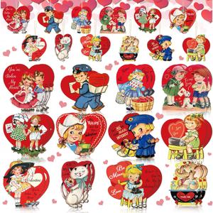 BBTO 36 Pcs Valentines Day Wood Ornaments Retro Valentines Tree Decoration Red Heart Shape Wood Cutouts Decorative Vintage Valentines Day Decoration for Small Tree Home Wedding Party Supplies