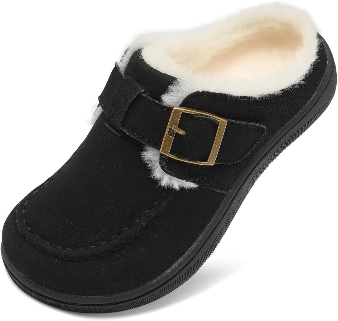 JOINFREE Toddler Slippers Warm Kids Girl Fuzzy House Mules Slippers Boys Wide Toe Slip On Moccasins Slipper Bedroom Memory Foam Home Clogs Shoes Indoor Outdoor Loafers (Black)