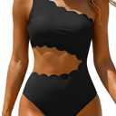 Women's One Piece Swimsuit- One Shoulder Bathing Suit Cutout Tummy Control Swimwear, Black, Medium