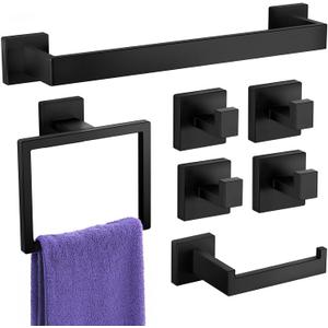 7-Pieces Towel Racks for Bathroom, SUS304 Matte Black Bathroom Accessory Set, Stainless Steel Black Bathroom Accessories, Stainless Steel Wall Mounted, Bath Towel Bar Set