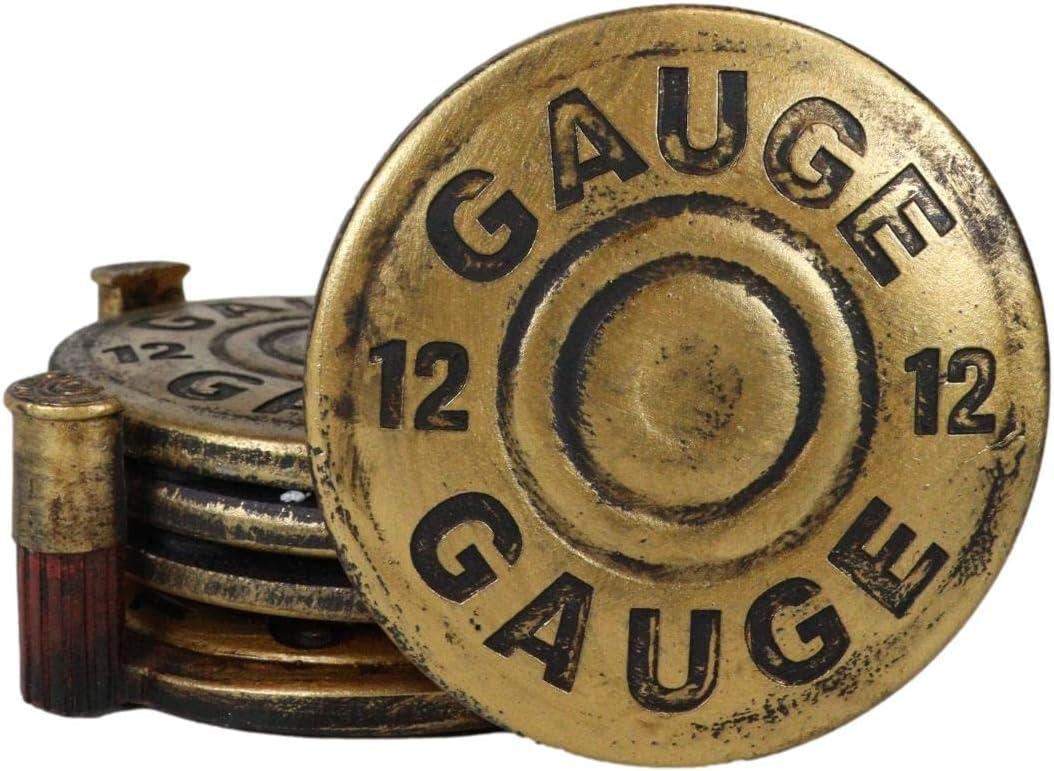 Ebros Gift Western 12 Gauge Golden Bullet Shells Round Coaster Set with 4 Coasters and Sculptural Holder Decorative Figurine 5" Wide Rustic Country Furniture Protector Accent