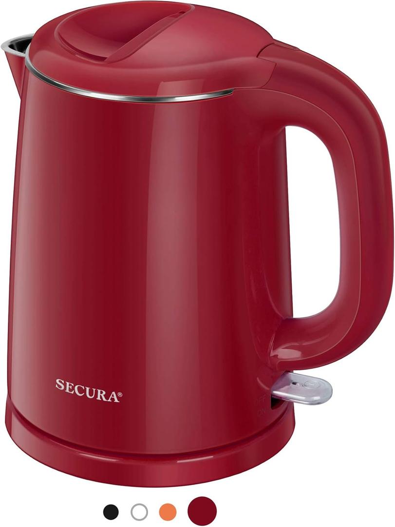 Secura Stainless Steel Double Wall Electric Kettle Water Heater for Tea Coffee w/Auto Shut-Off and Boil-Dry Protection, 1.0L (Red) SWK-1001DR/HB-K012