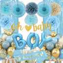 Baby Boy Shower Decorations - Dusty Blue Baby Shower Decorations - Welcome Baby Boy Decoration with Blue Balloons, Paper Pom Poms,Mom to be Sash for Boys Baby Shower Decor Gender Reveal Party