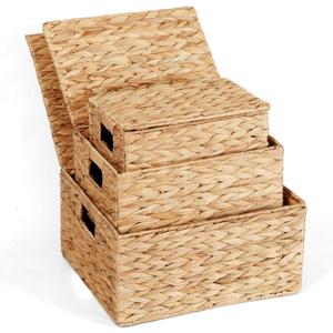Wicker Storage Baskets with Lids,Multi-size 3 Pack Natural Water Hyacinth Wicker Nesting Baskets,Decorative Storage Ratten Boxes for Organizing,Storage,and Gifts