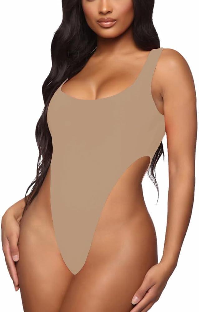 LINMON Women's Scoop Neck Sleeveless Basic Tank Top Bodysuits (Large, Mocha)