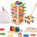 Montessori Toys Wooden Board Games for Kids 4-6, 5-in-1 Fine Motor Skills Educational Games for 3 4 5 6 Year Olds, Colorful Wooden Stick Game with Dice, Family Travel Games for Boys Girls