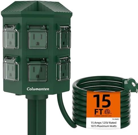 Outdoor Power Stake with 15ft Extension Cord Waterproof, Outdoor Power Strip with Covers, 6 Grounded Outlets for Christmas Lights, 15A/1875W, ETL Listed