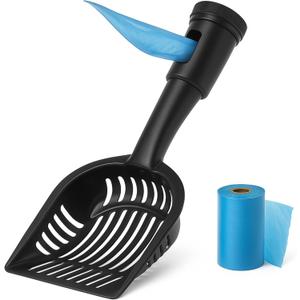 2-in-1 Pooper Scooper with Bag Attachment, Cat Litter Shovel Scoop with Bag, Built-in Dispenser, Includes Trash Roll, Rinse-Clean, Anti-Stick, Smart Sifter, Long Handle (Black)