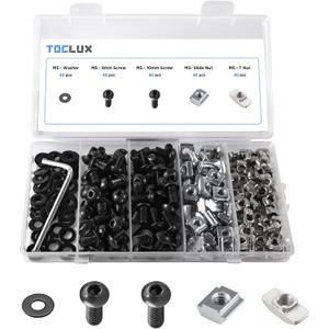200pcs 2020 Series M5 T Nut and Black Screw Kit  Sliding & Drop-in T-Nuts, M5x8 & 10mm Black Screws, Washers, Hex Wrench  for 6mm T-Slot Aluminum Extrusion Accessories Extruded Aluminum Hardware