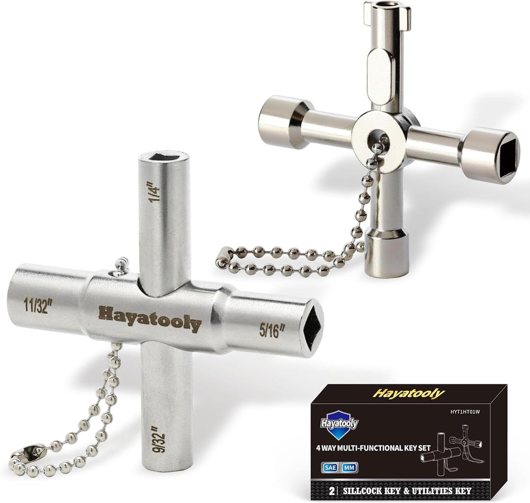 4-Way Sillcock Key, 2-Pack 40Cr Water Key, Multi-Functional & Utility Wrench, Shut Off Tool for 1/4", 9/32", 5/16", 11/32" Valve, Spigot & Electric Meter, Ideal for Home, Public & Commercial