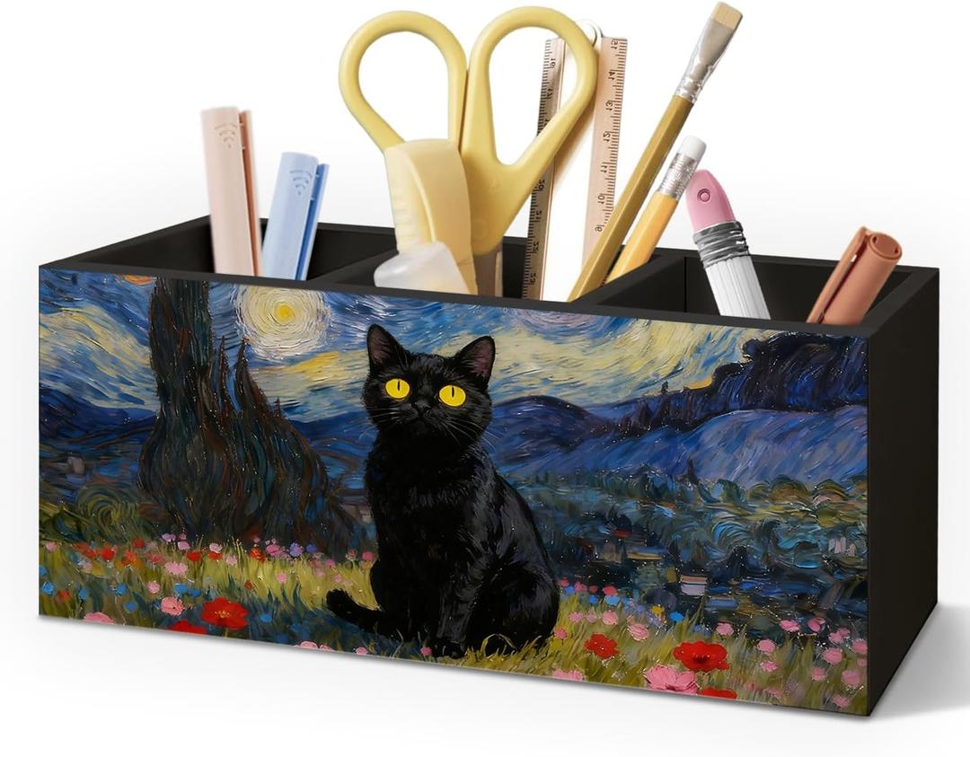 Black Cat Pen Holder for Home Office Desk, Cat Lover Gifts, Starry Sky Black Cats Makeup Brush Toothbrush Holder Organizer for Bathroom Desk Accessories