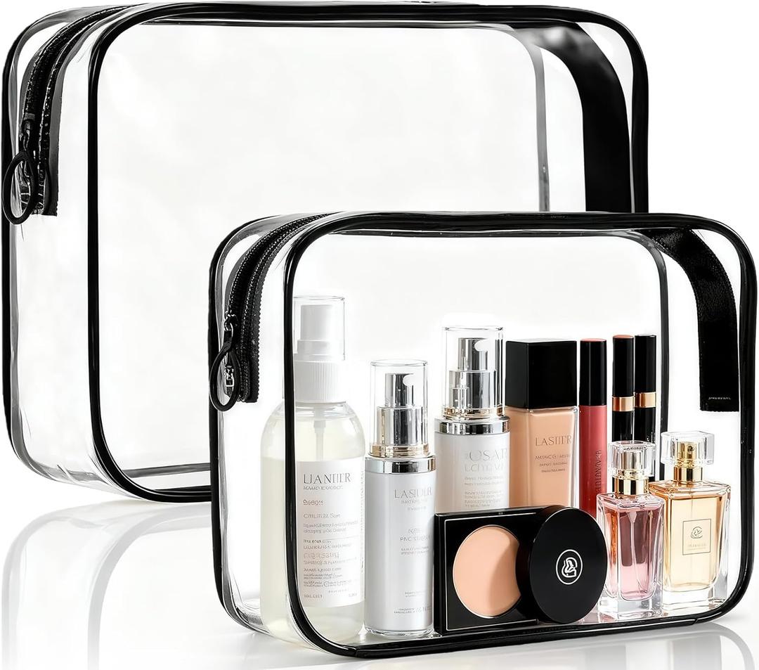 Clear Makeup Bag, 2 Pack TSA Approved Toiletry Bag for Travel Size Toiletries, Quart Size Clear Cosmetic Organizer bag for Women Men, Carry on Airport Airline Compliant Bag(Black-2pcs)
