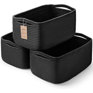3-Pack Small Storage Baskets for Organizing | Woven Shelf Toy Basket | Rope Baskets for Gifts Empty | Closet Organizer Bins with Handles | Cube Decorative Box | 11.8×7.8×5.1” | Mixed Black