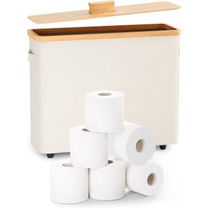 Toilet Paper Storage Stand, Toilet Paper Basket with Lid for 12-Roll Standard Toilet Paper Holder, Bamboo Toilet Paper Organizer for Bathroom with Footbase Ultimate Bathroom Organizer (Beige)