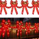 13 FT Christmas Bows Fence Decoration, 140LED Lighted Large Christmas Bows Decoration with 8 Mode and Timing Ornament for Party Front Door Fireplace (Red,Ribbon)
