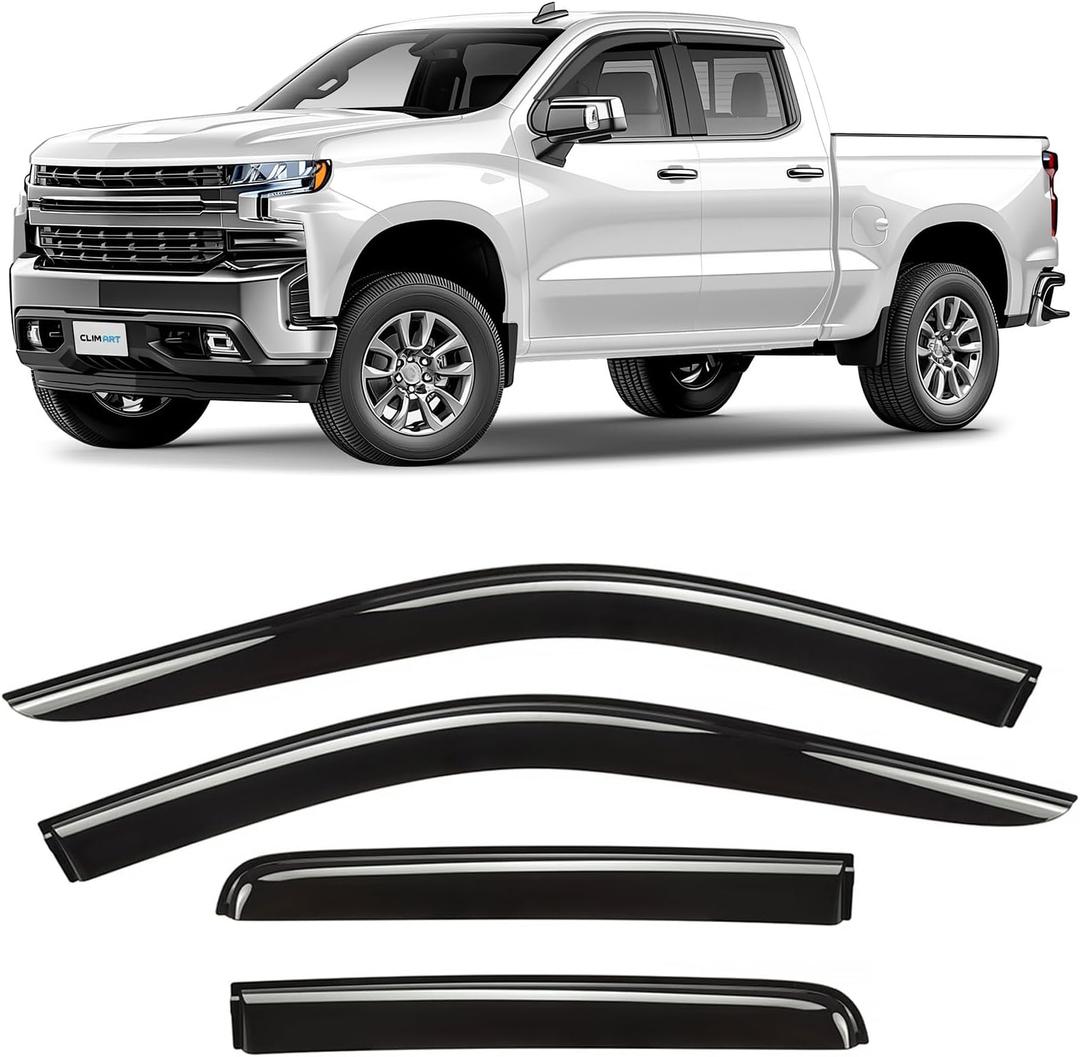 CLIM ART Incredibly Durable Rain Guards for Chevrolet (Chevy) Silverado/GMC Sierra 2019-2025 Double Cab, Tape-on Window Deflectors, Vent Deflector, Vent Window Visors,Truck Accessories,4pcs- 419004LP