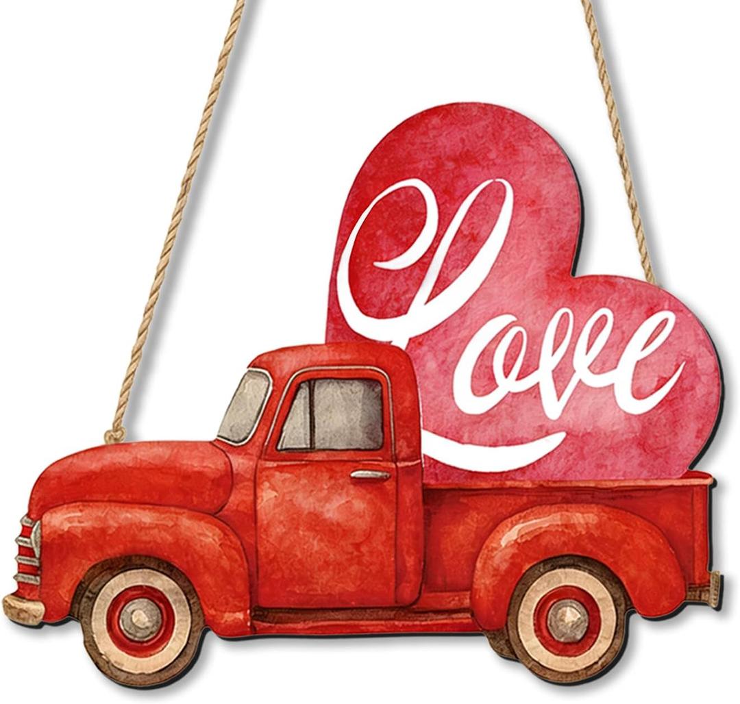 4 x Valentines Day Decorations, Valentines Day Red Truck Door Decor, Wooden Door Hanging Sign, Valentines Day Door Hanger Farmhouse Front Door Decorations for Home Porch, Wall, Outdoor