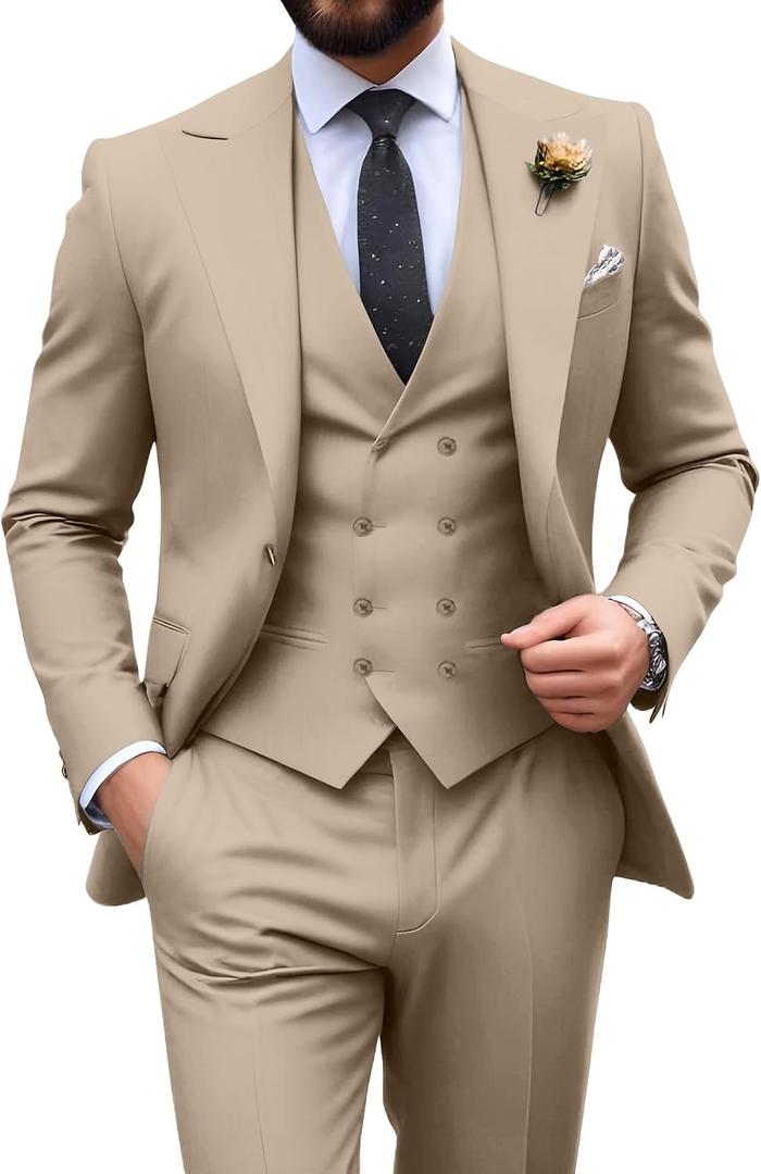 HUEZOE Mens Tuxedo Suit Champagne 3 Piece Slim Fit Jacket Double Breasted Vest Pants Set Formal Wedding Prom Suit Large
